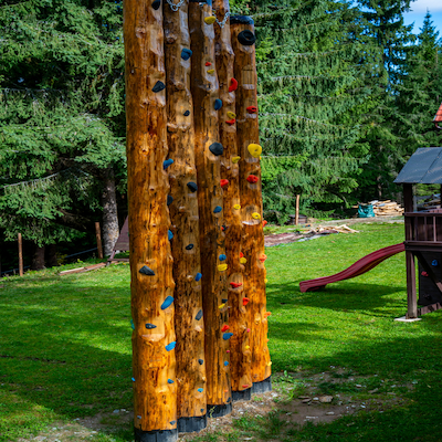 Wooden climbing wall with colorful holds Baisoara