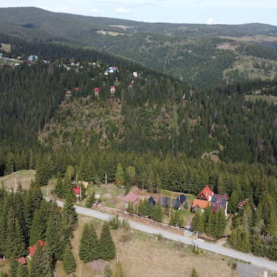 Aerial drone view of Simplicity Retreat in Carpathian Mountains