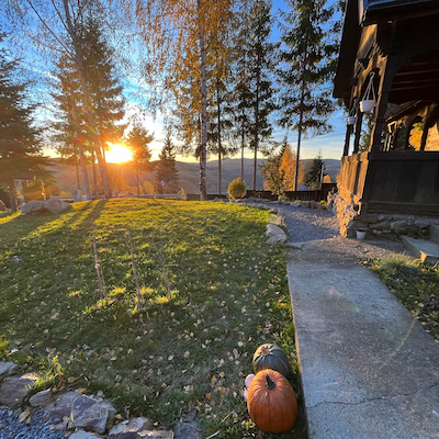 Autumn porch view from cabin at Simplicity Retreat